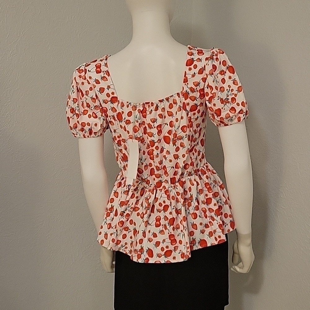 BELLE POQUE Cute Retro Strawberry Pin-up Coquette Peplum Blouse - Picture 6 of 11
